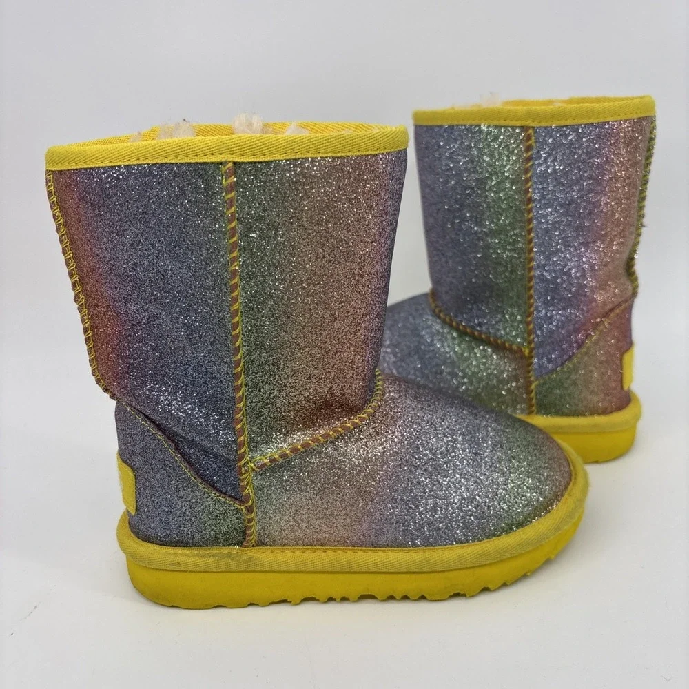 UGG Little Girl 10 Rainbow Glitter Yellow Trim Classic Short Shearling Fur Lined